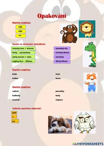 ANG 3 opakování čísla, oblečení, táz.slova, lidé, IN, ON, UNDER