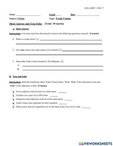 Trade Unions True and False Worksheet