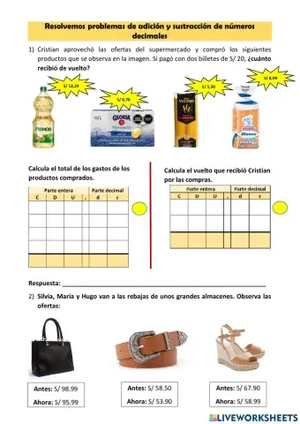 Resolvemos problemas de adición y sustracción de números decimales