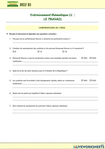 Entrainement B1 - Thématique travail