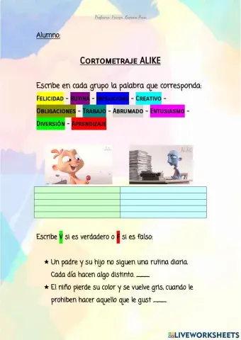 Ficha comprensiva CORTOMETRAJE ALIKE