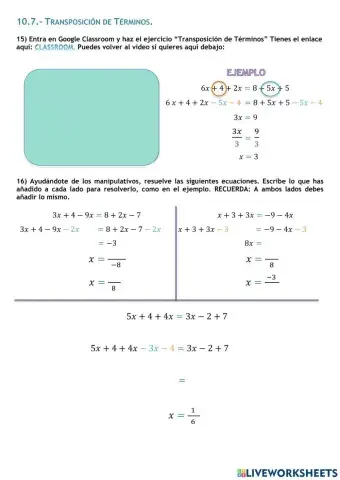 Ecuaciones 1º ESO: Transposición de Términos 1