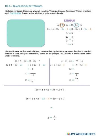 Ecuaciones 1º ESO: Transposición de Términos 1