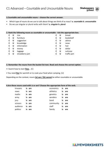 C1 Advanced - Countable and Uncountable Nouns