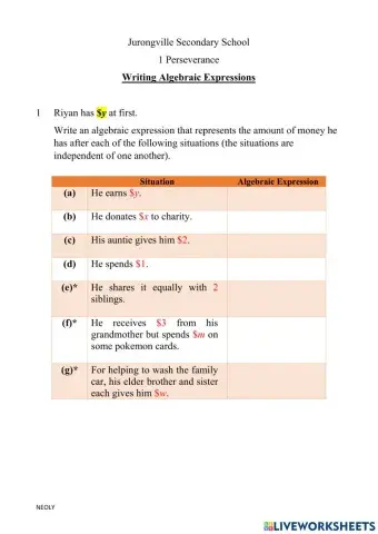 Writing Algebraic Expressions