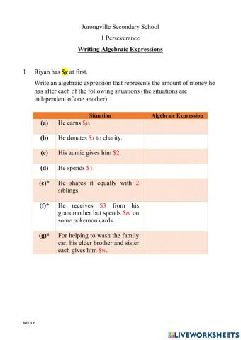Writing Algebraic Expressions