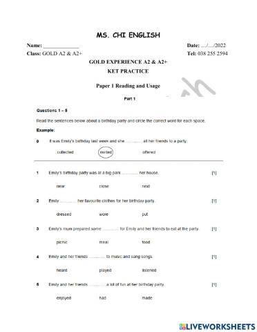02.05.22- Gold A2A2+- KET Practice
