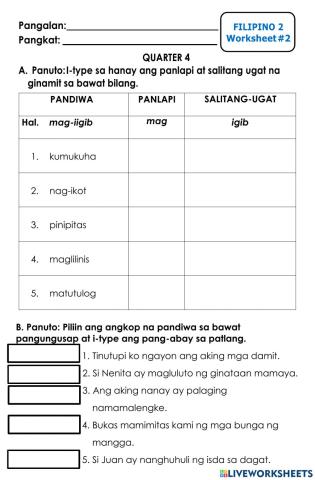 Filipino - Salitang Kilos Worksheet -2