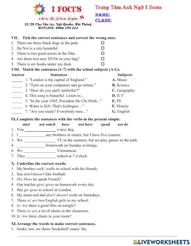 Lớp 6 Unit 123 Test 2