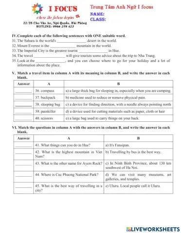 Lớp 6 Unit 5 Test 2