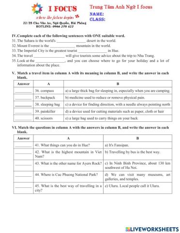 Lớp 6 Unit 5 Test 2