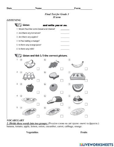 Final Test Term II Grade 3 (Quick Minds3)