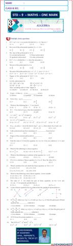 Std - 9 maths em onemark ch-3 algebra