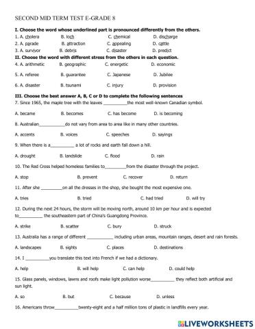 Second mid term test e-grade 8