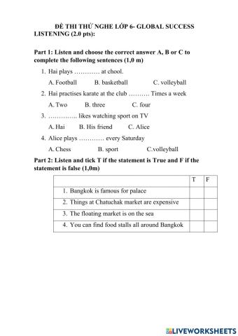 Đề thi nghe tiếng anh 6- globalsuccess