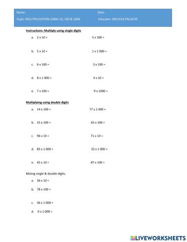 Multiplication using 10, 100,1000