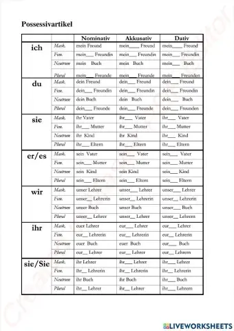 Possessivartikel im Nominativ, Akkusativ und Dativ