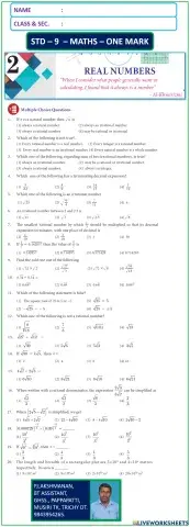 STD - 9 maths em one mark ch 2 real numbers tamilnadu