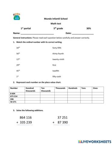 MATH EXAM, 4TH GRADE