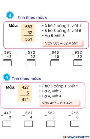 Phép trừ không nhớ trong phạm vi 1000 (Bài 3,4)