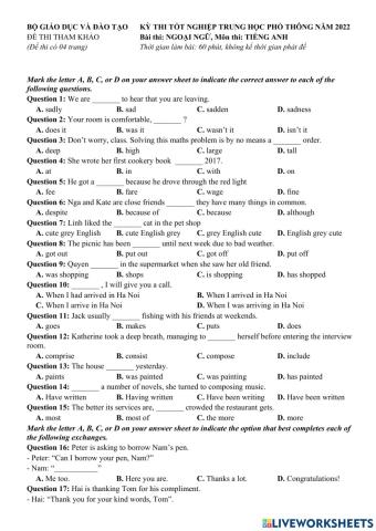 Đề tham khảo TNTHPT Anh 2022