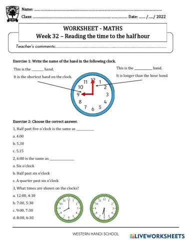Grade 2 - Reading the time to the half hour