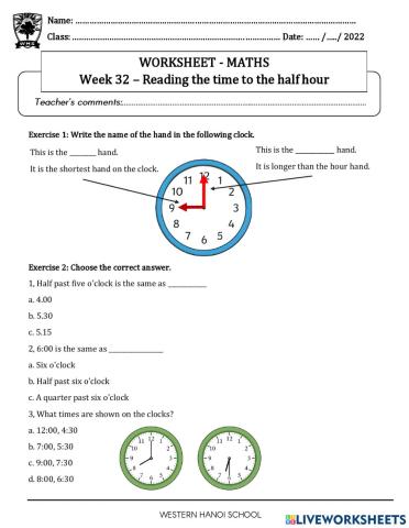 Grade 2 - Reading the time to the half hour