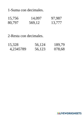 Sumas y restas con números decimales.
