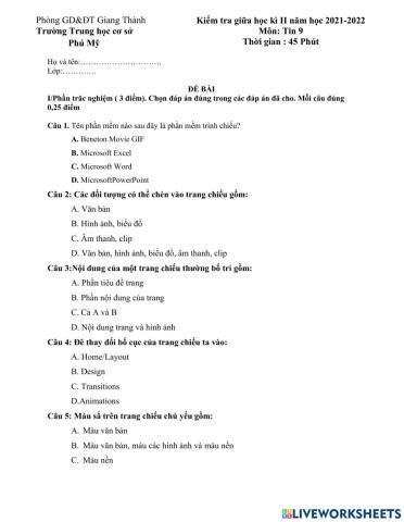 Kiểm tra giữa kì II Tin 9.3