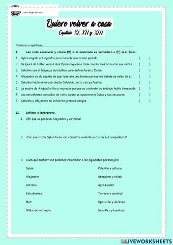 Comprensión de lectura -Quiero volver a casa-