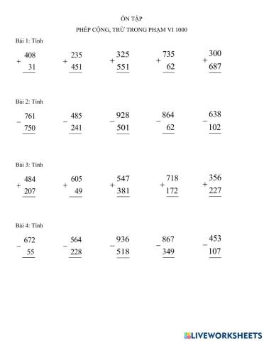 PHÉP CỘNG, PHÉP TRỪ TRONG PHẠM VI 1000
