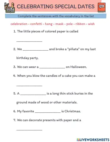 Celebrating special days vocabulary