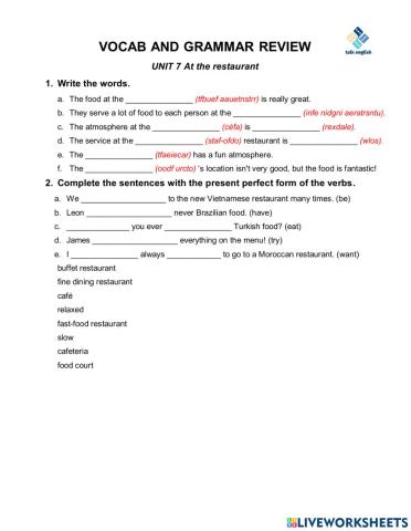 VOCAB AND GRAMMAR REVIEW UNIT 7 At the restaurant