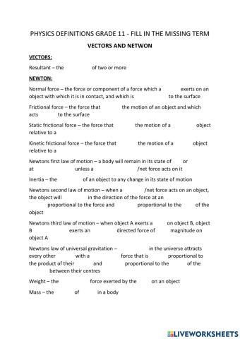 Grade 11 Vectors and Newton Definitions