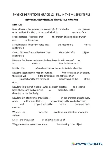 Grade 12 Newton and Vertical Projectile Motion Definitions