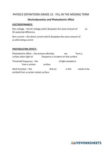Grade 12 Electrodynamics and Photoelectric Effect Definitions