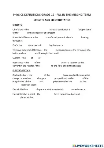 Grade 12 Circuits and Electrostatics Definitions