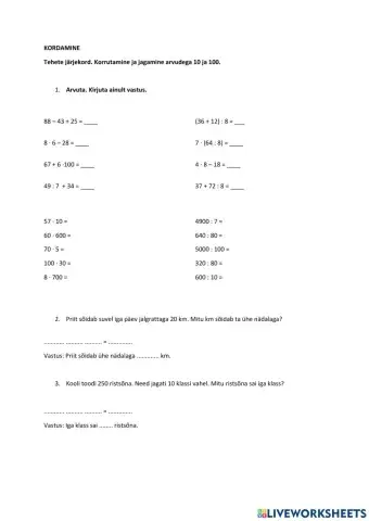 Tehete järjekord, korrutamine ja jagamine. 3. klass