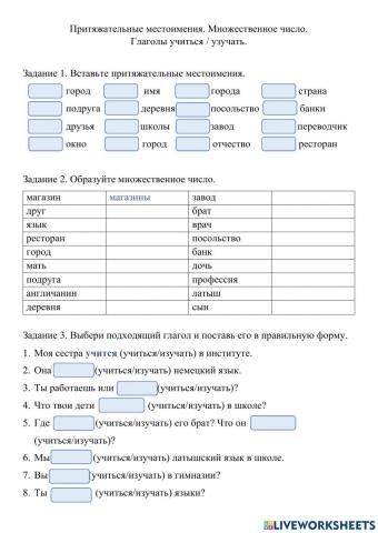 Притяжательные местоимения. Множественное число.  Глаголы учиться - узучать.