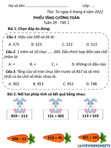 Phiếu Toán tuần 29
