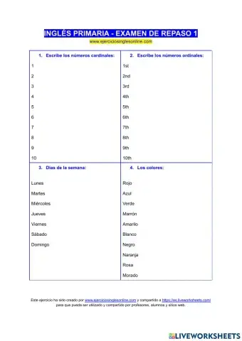 Inglés Primaria - Examen de repaso