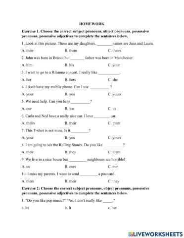 Subject, object pronouns, possessive adjective, possessive pronouns