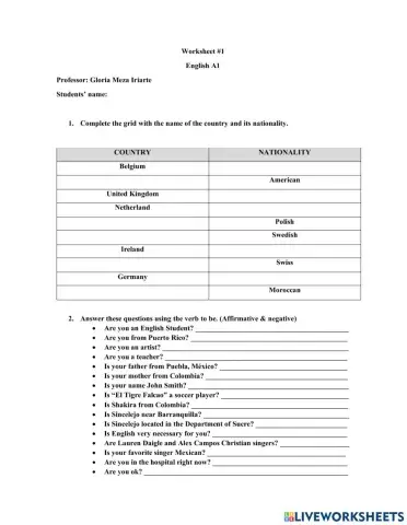 Countries and Nationalities - Verb to be
