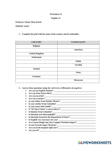 Countries and Nationalities - Verb to be