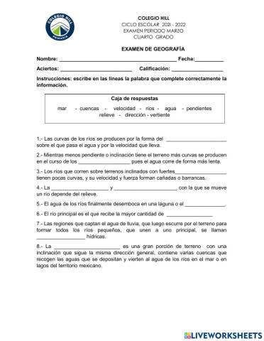 Examen de geografía marzo