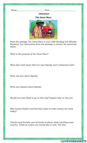 The Great Race Literature Worksheet