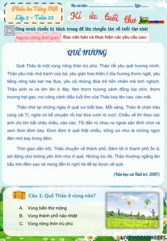 Lớp 2 - Tiếng việt - Tuần 25 - Đề 1
