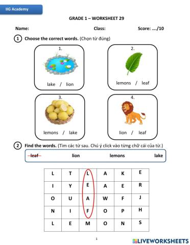 IIG-Grade 1-Worksheet 29