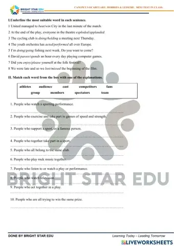 (PET) Hobbies and Leisure  - mini test