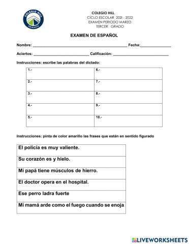 Examen de español tercer grado